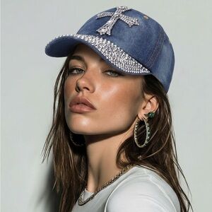 Madd Hatter Cross Rhinestone Blings Woman’s Hat Blue Adjustable